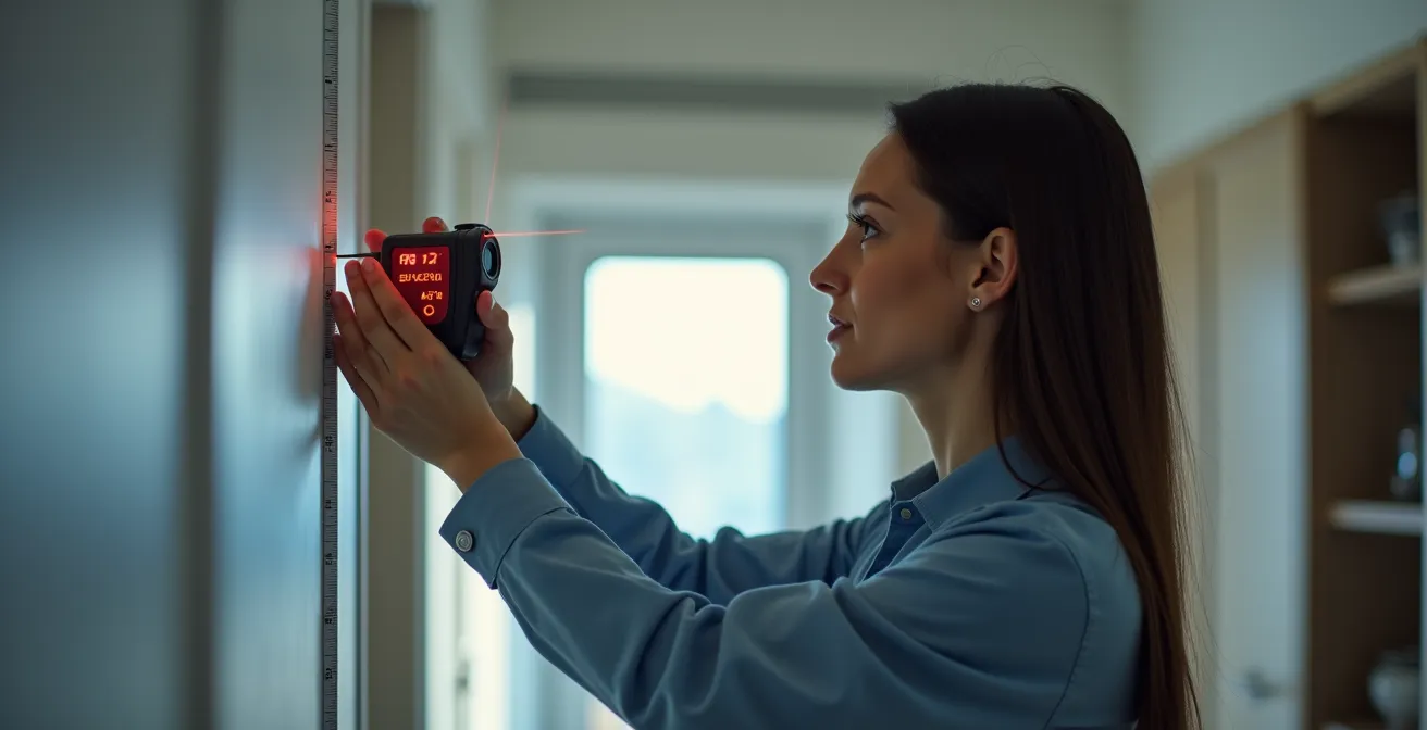 Diagnostiqueur professionnel utilisant un télémètre laser pour mesurer une pièce