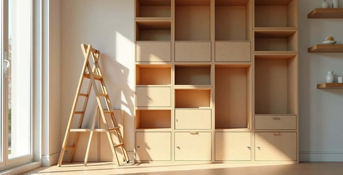 Système de rangement vertical avec mezzanine de stockage et bibliothèque haute dans un studio optimisé