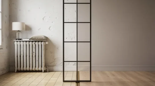 Pièce de vie d’un appartement des années 80 modernisé avec une ambiance lumineuse, des matériaux sobres et des détails de rénovation discrets.