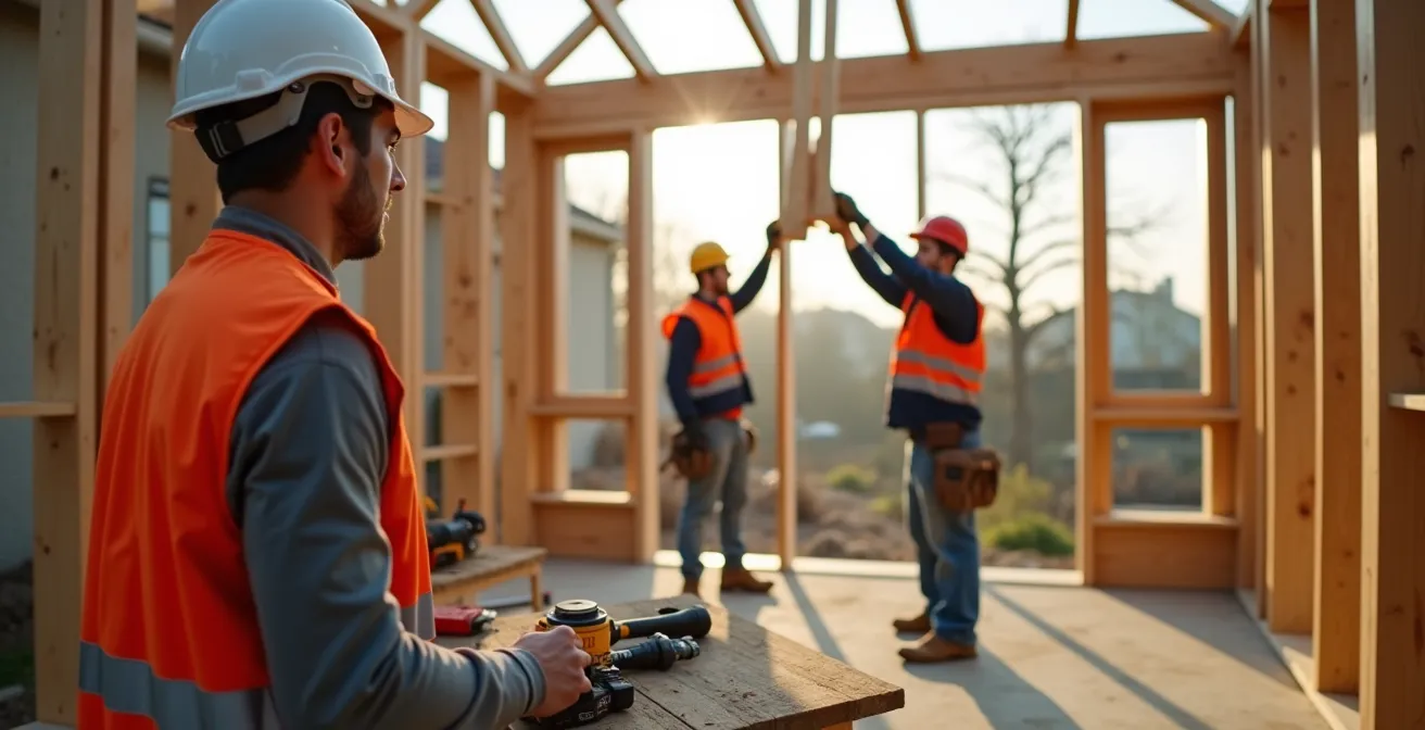 Équipe d'artisans montant une structure en ossature bois sur dalle béton