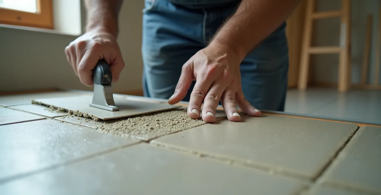 Application de mortier-colle sur plancher chauffant avec outils professionnels