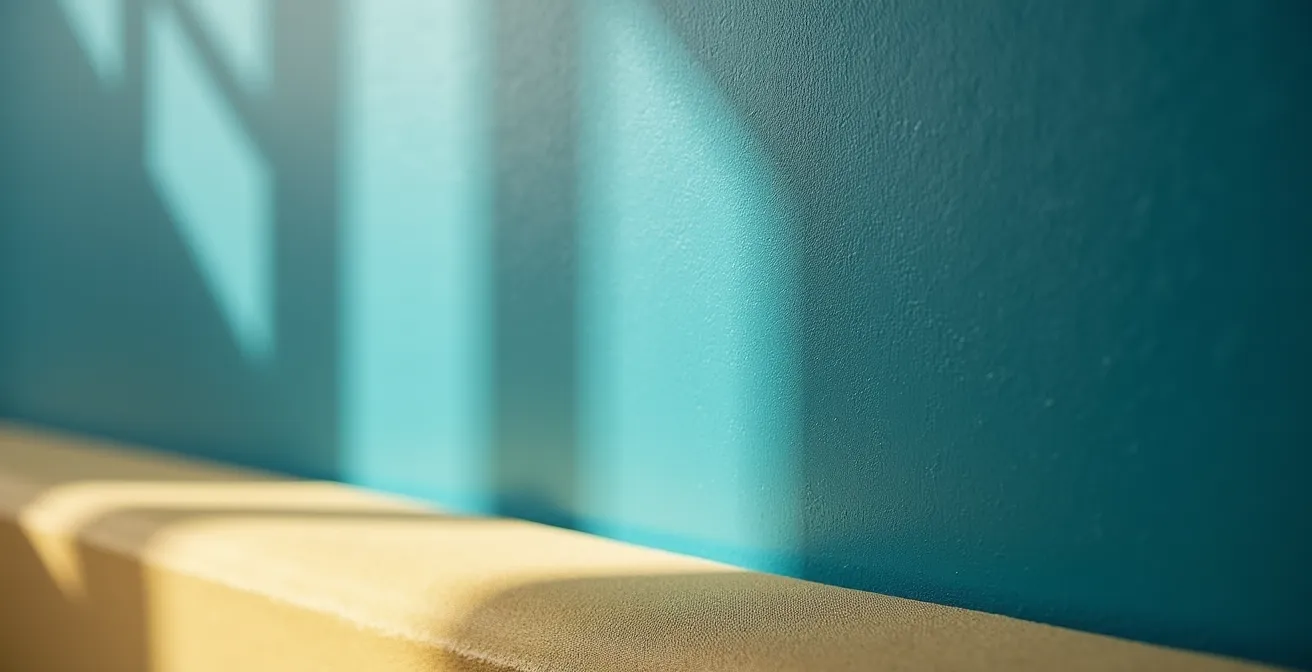 Gros plan sur la texture d'un mur peint en bleu canard avec différentes finitions