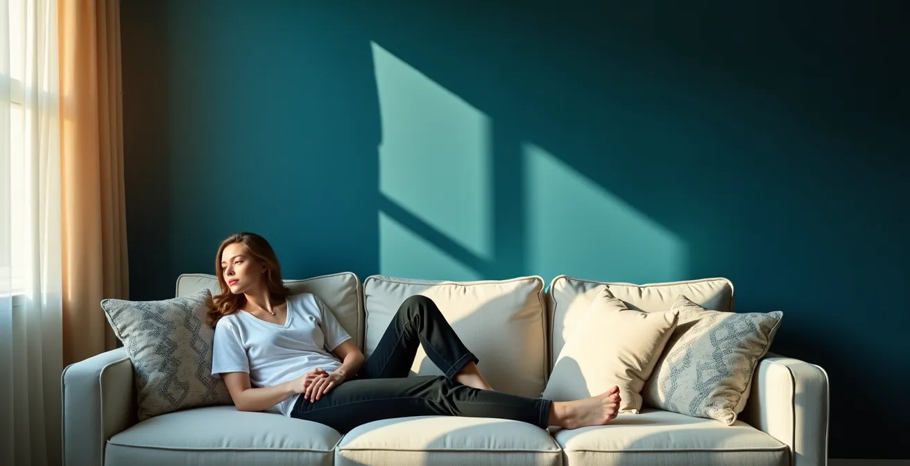 Mur peint en bleu canard créant une illusion de profondeur dans un salon lumineux