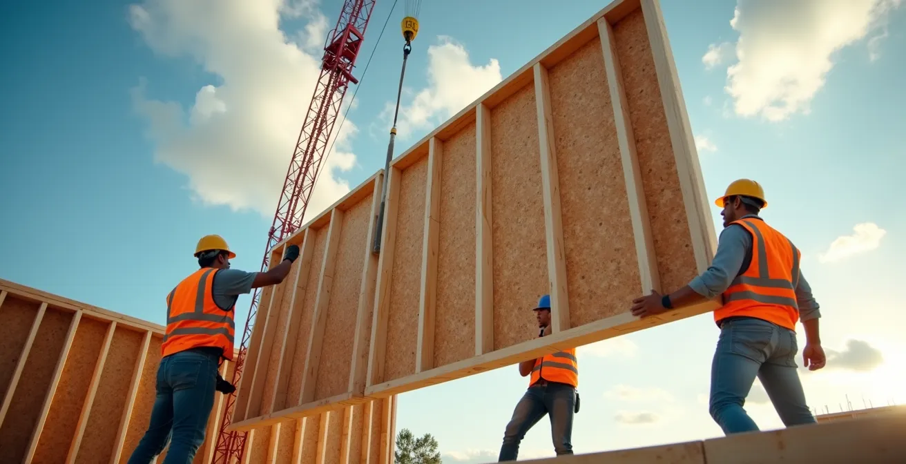 Levage d'un mur préfabriqué en ossature bois sur chantier avec grue mobile