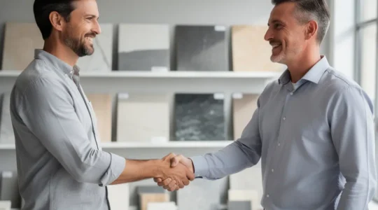 Poignée de main entre un client et un vendeur dans un showroom de matériaux de construction