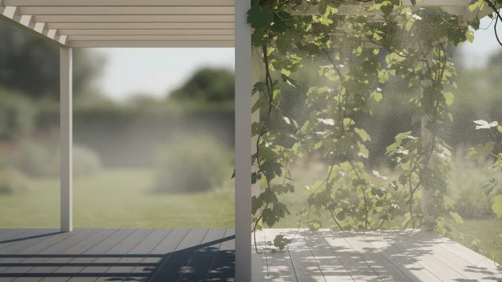 Scène comparant une ombre sous pergola (surface minérale chaude) et une ombre sous végétation (air plus frais), illustrant l'évapotranspiration.