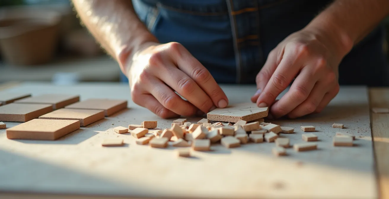 Vue en plongée d'un carreleur organisant ses chutes de carreaux par taille