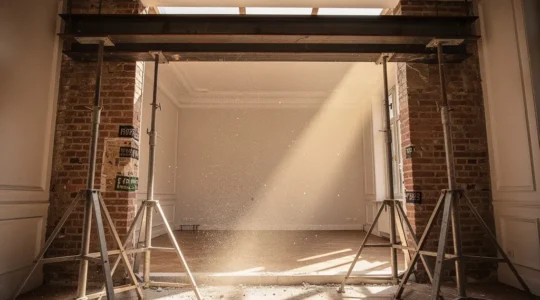 Vue en contre-plongee d'une poutre metallique en I soutenant la structure d'un immeuble parisien lors de travaux d'ouverture de mur porteur