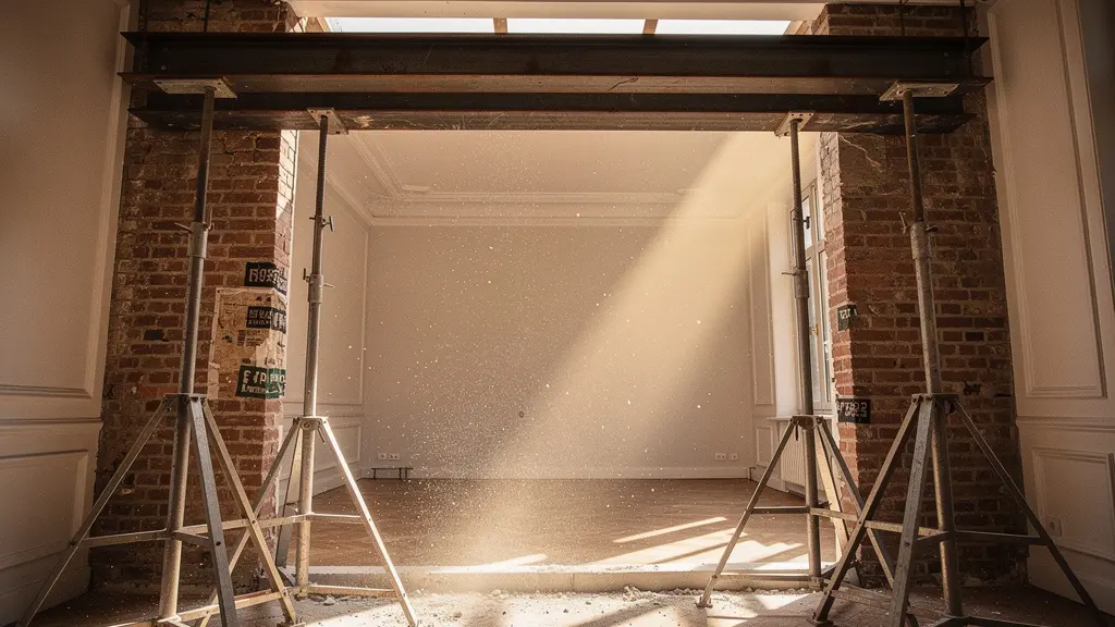 Vue en contre-plongee d'une poutre metallique en I soutenant la structure d'un immeuble parisien lors de travaux d'ouverture de mur porteur