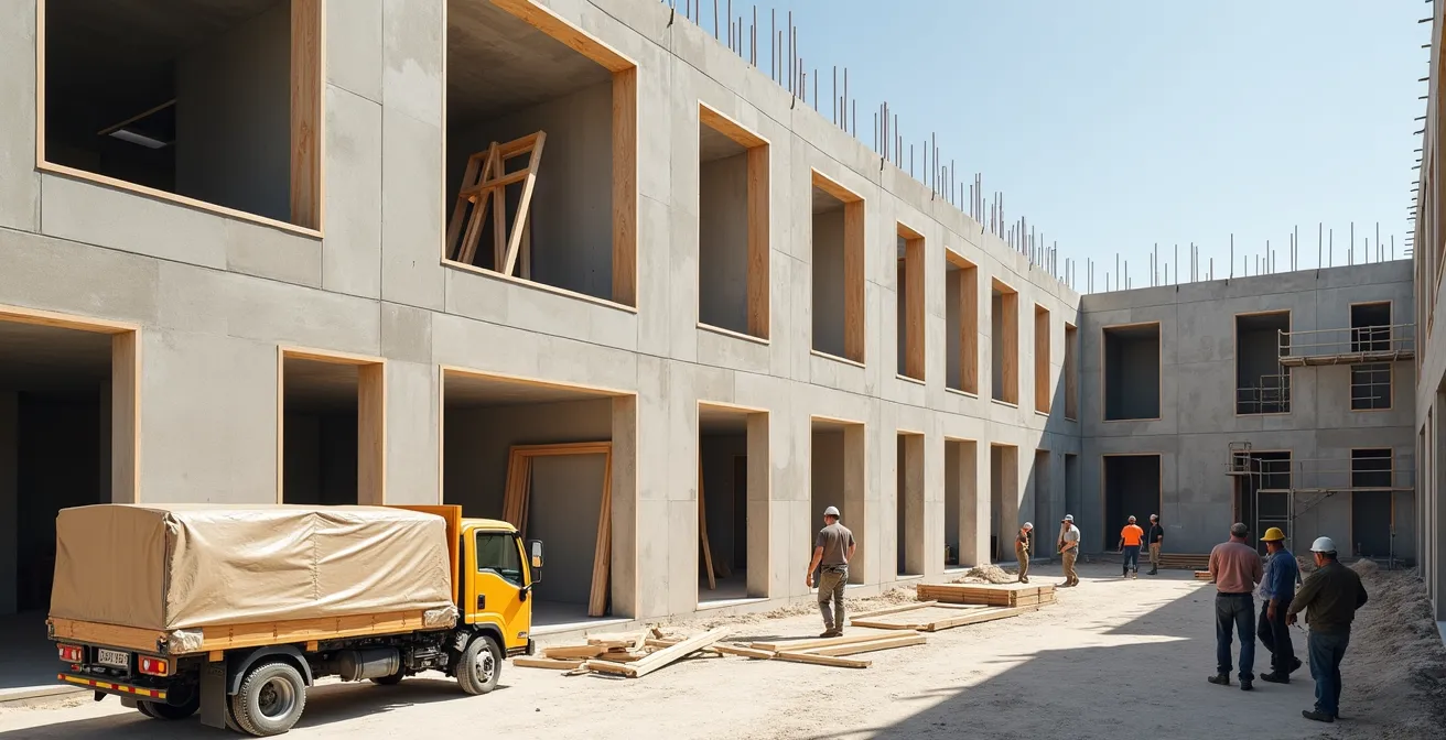 Vue d'ensemble d'un chantier montrant la coordination entre maçon et livraison de fenêtres