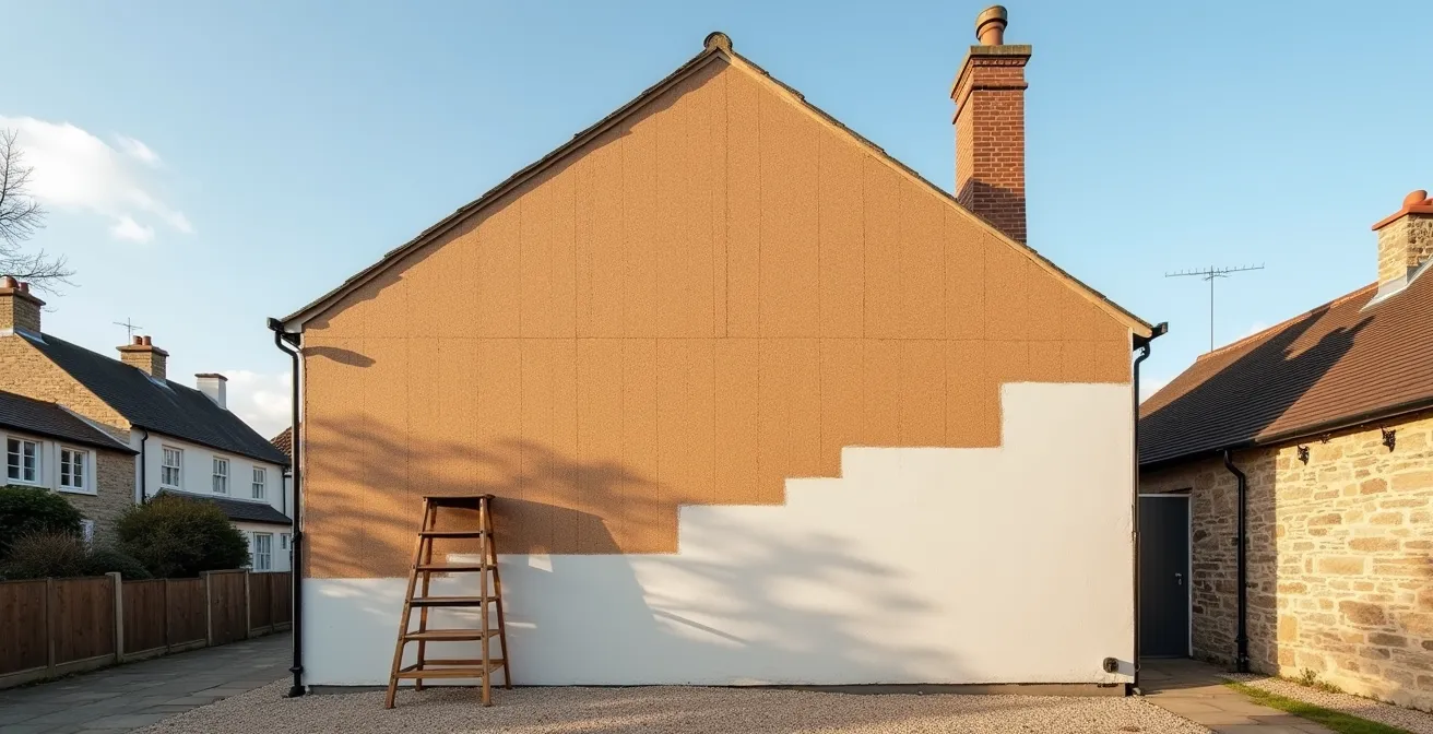 Façade en cours de rénovation avec panneaux de liège expansé fixés et enduit à la chaux partiellement appliqué