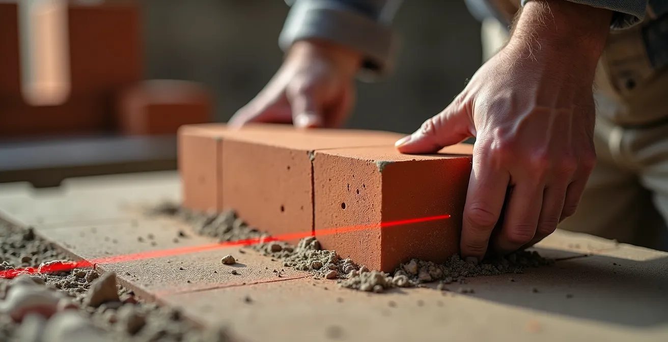 Maçon vérifiant le niveau du premier rang de briques monomur avec un niveau laser sur chantier
