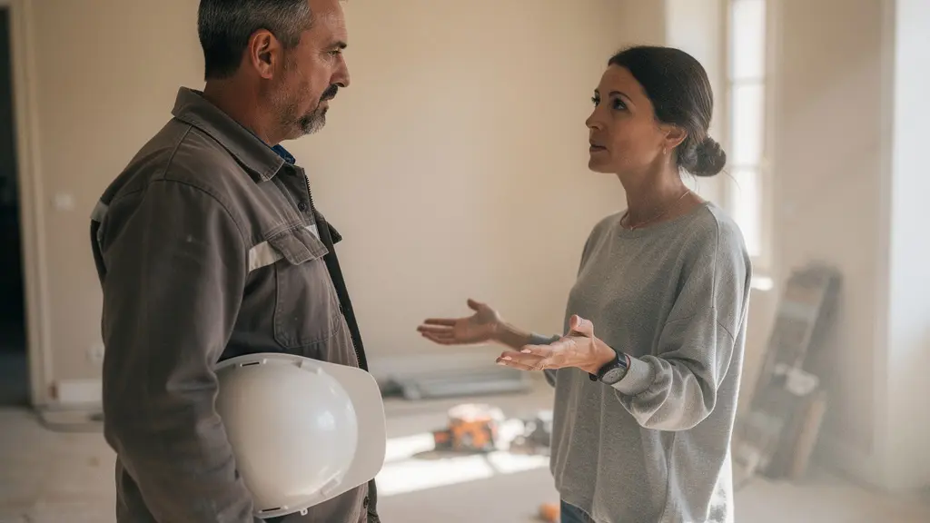 Propriétaire et entrepreneur discutant sur un chantier résidentiel, avec expressions concentrées et posture professionnelle, sans documents ni écrans visibles.
