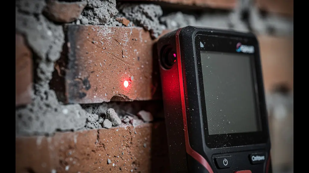 Gros plan sur un télémètre laser posé contre un mur de briques brutes, montrant le faisceau rouge, sans affichage numérique lisible.