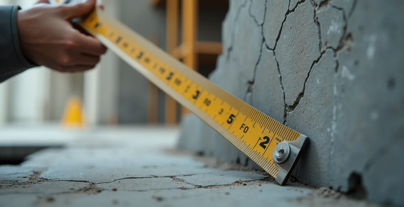 Expert judiciaire examinant les fondations entre deux propriétés avant travaux