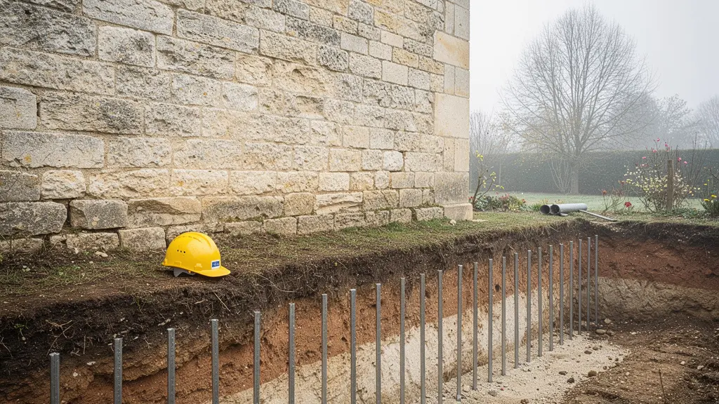 Vue d'ensemble d'un chantier de renforcement de fondations par micropieux au pied d'un mur porteur d'une maison en pierre