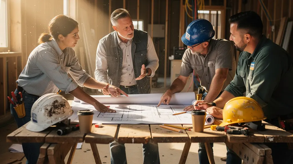 Réunion de chantier autour d'une table avec plans et calendrier