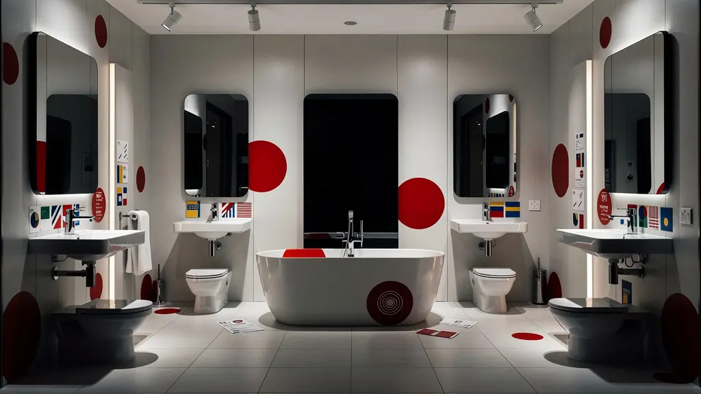 Showroom de sanitaires avec étiquettes de promotion