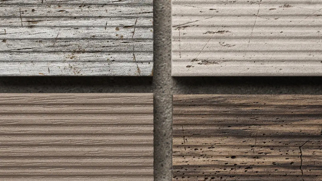 Gros plan de quatre échantillons de terrasse vieillis (bois exotique grisé, composite décoloré, composite coextrudé, bois thermo-traité) montrant textures et patines après usage.
