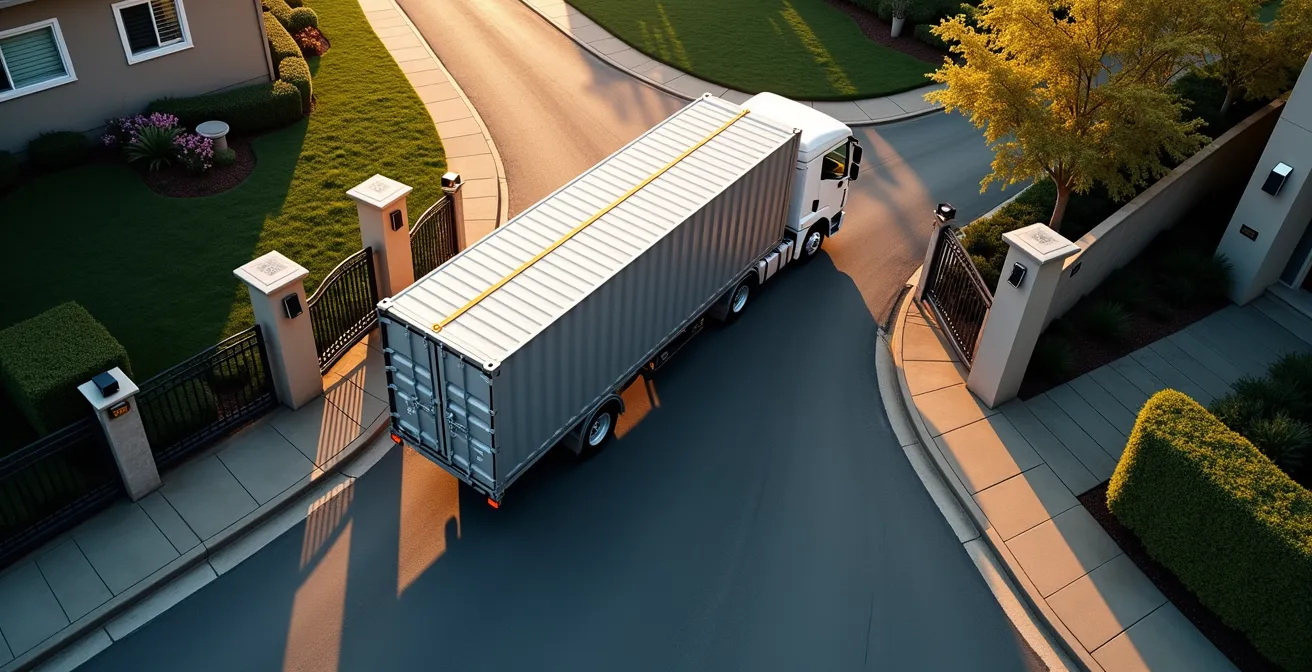 Vue aérienne d'un camion avec container tentant de manœuvrer dans une entrée résidentielle étroite