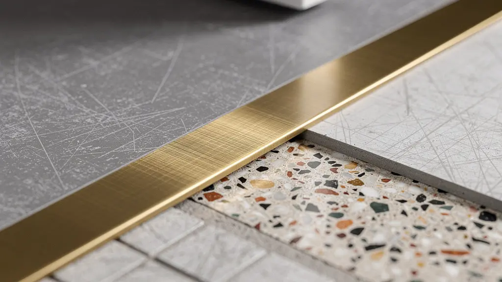 Gros plan d’une jonction de sol très fine posée sur un ancien carrelage, avec une transition propre au niveau d’une porte sans frottement.