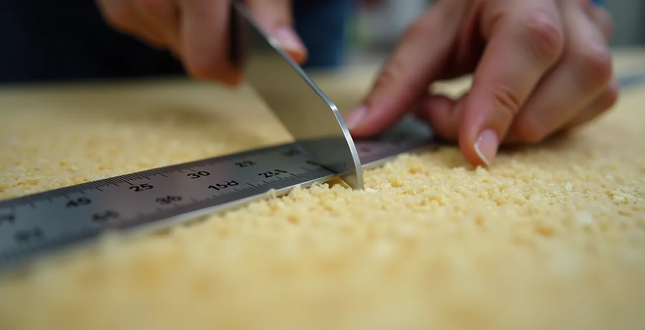 Vue rapprochée des mains d'un artisan coupant de la laine de verre avec une règle métallique comme guide