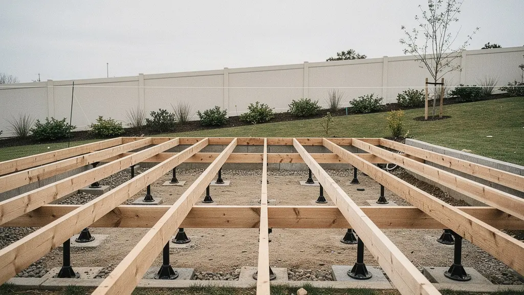 Structure de terrasse bois sur plots réglables sur un terrain en pente, avec cordeau de niveau et espace technique ventilé sous le platelage.