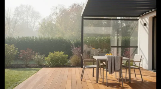 Terrasse contemporaine avec pergola modulable, utilisée en mi-saison, avec lumière douce et grand espace vide pour un titre.