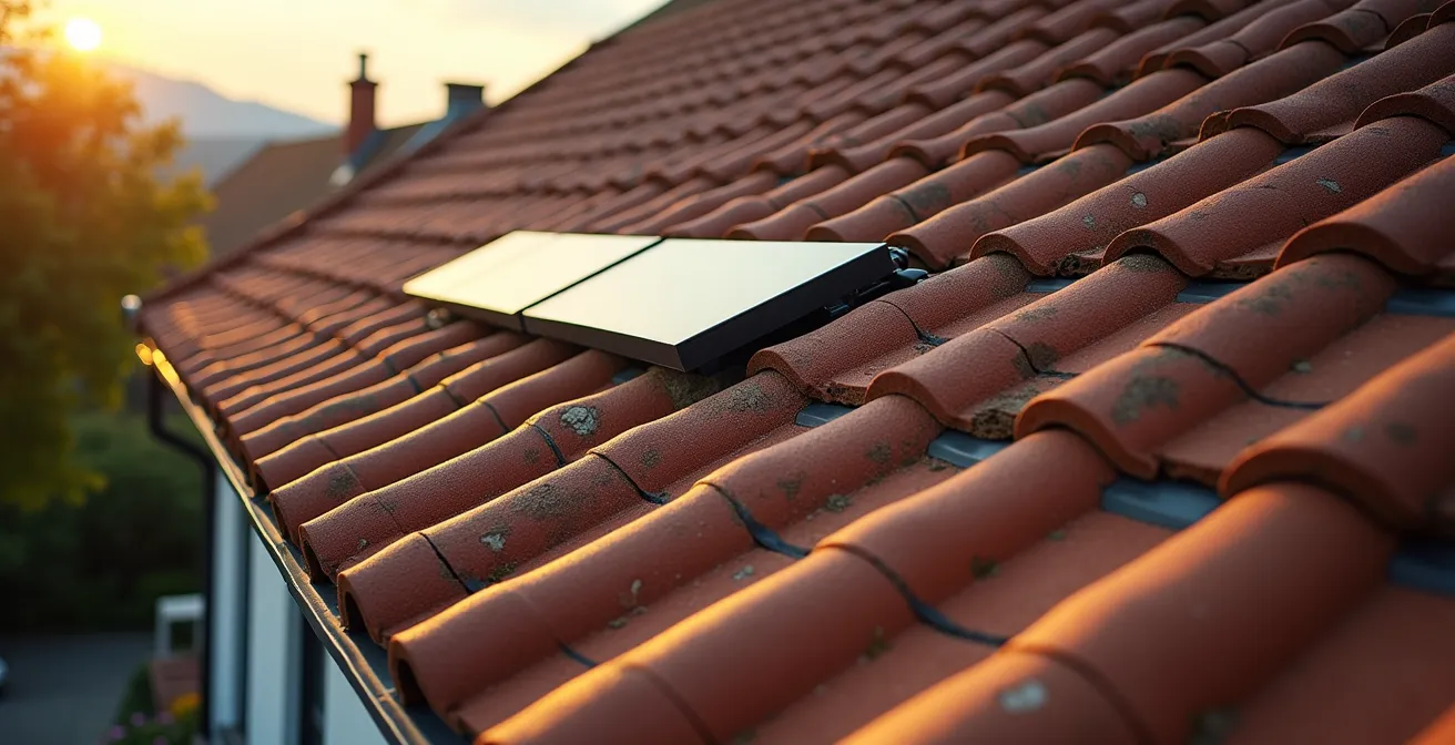 Toiture traditionnelle avec tuiles solaires parfaitement intégrées montrant l'harmonie architecturale