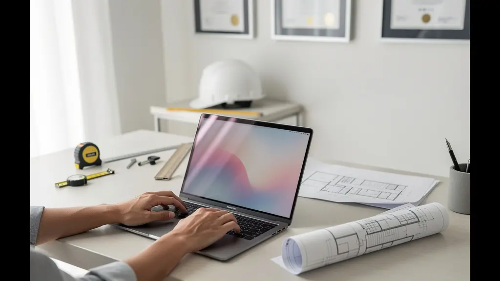 Une personne consultant l'annuaire en ligne Qualibat sur un ordinateur portable