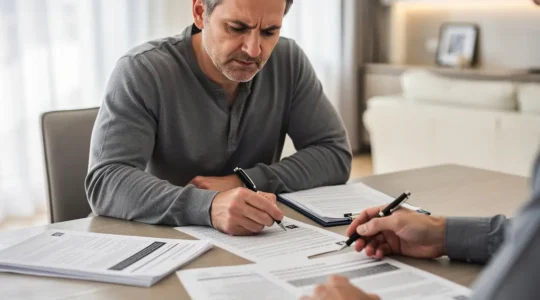 Un propriétaire examinant attentivement des documents officiels d'un entrepreneur lors d'un premier rendez-vous