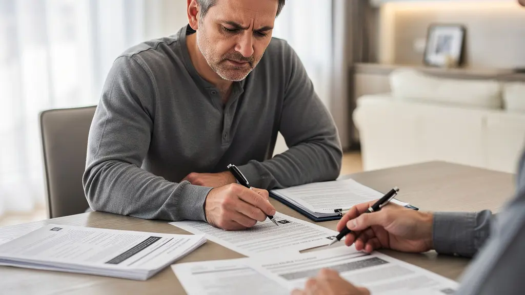 Un propriétaire examinant attentivement des documents officiels d'un entrepreneur lors d'un premier rendez-vous