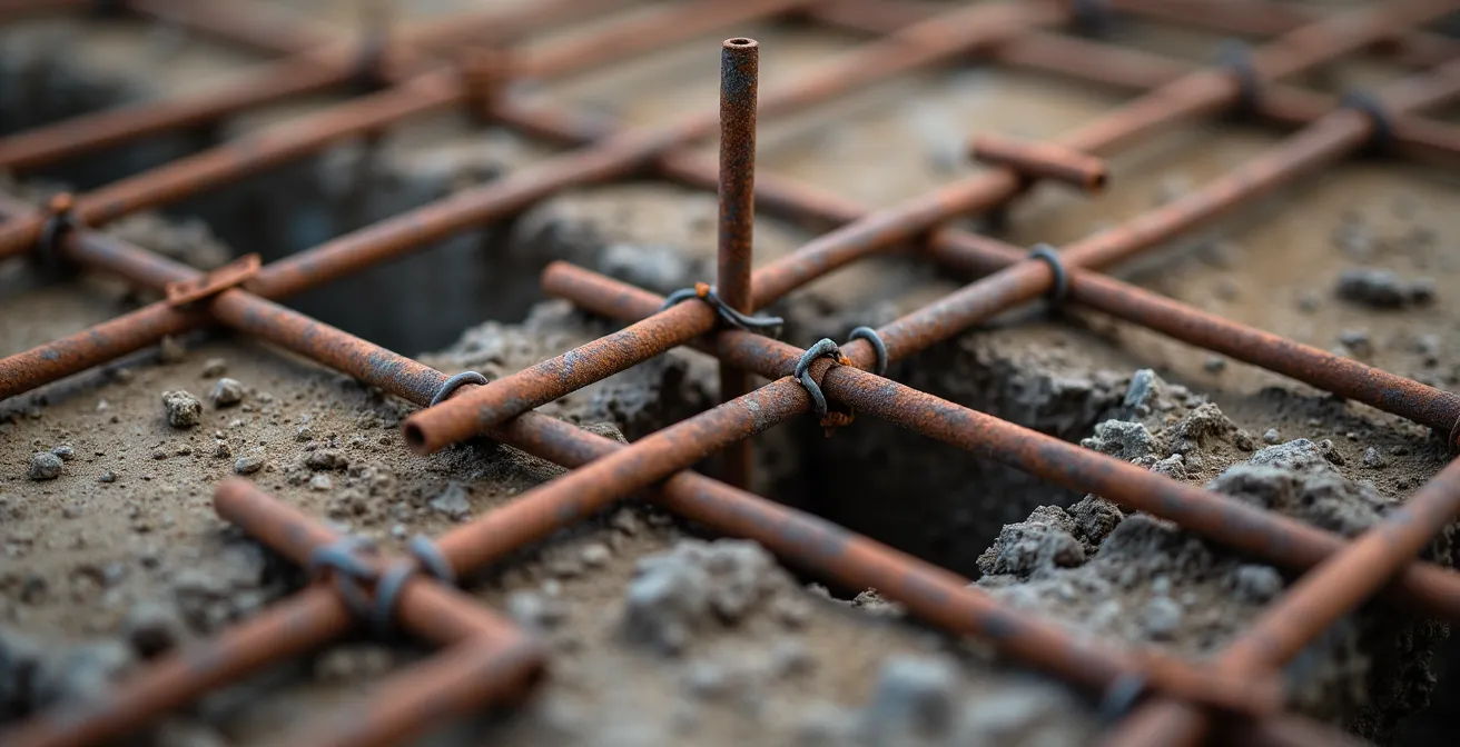 Gros plan sur ferraillage de fondation avec cales et ligatures visibles