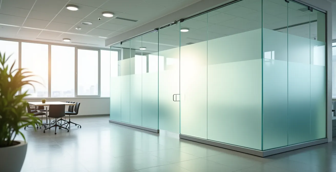 Espace de bureau moderne avec cloisons en verre opacifiant montrant la transition entre état transparent et opaque