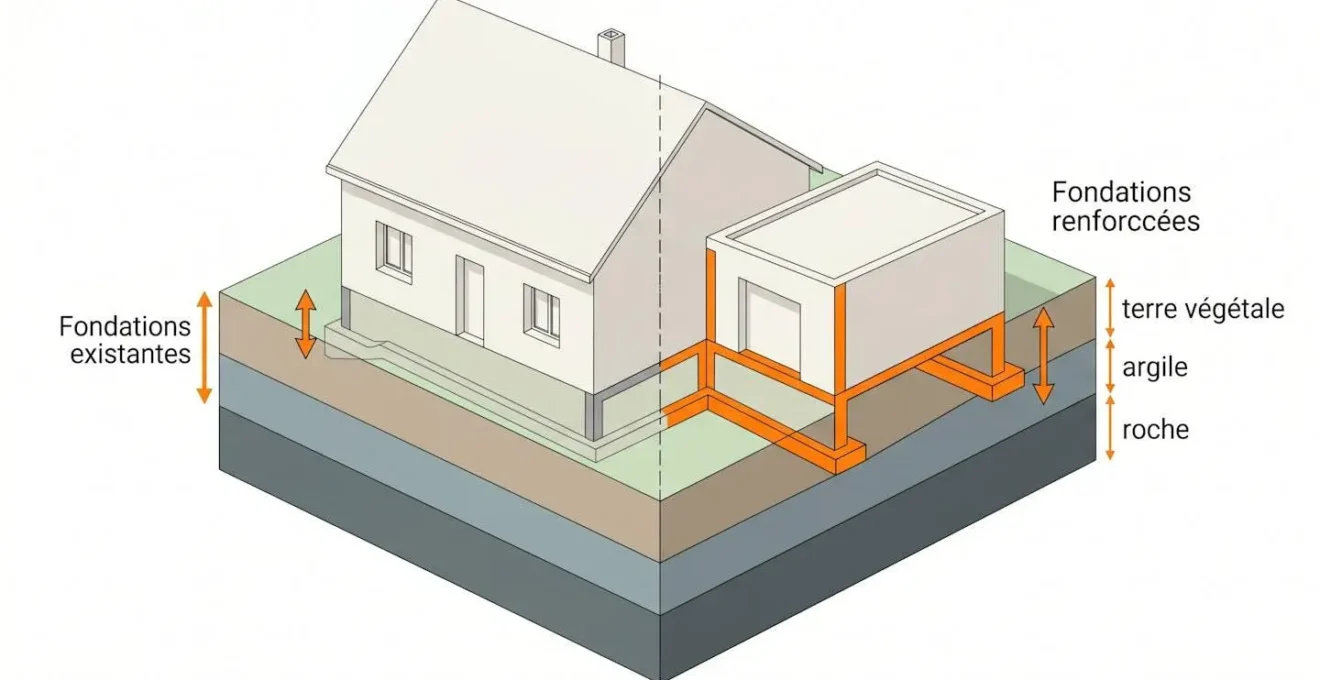 Illustration en coupe isométrique montrant différence entre fondations existantes superficielles et fondations renforcées pour extension, avec strates du sol visibles