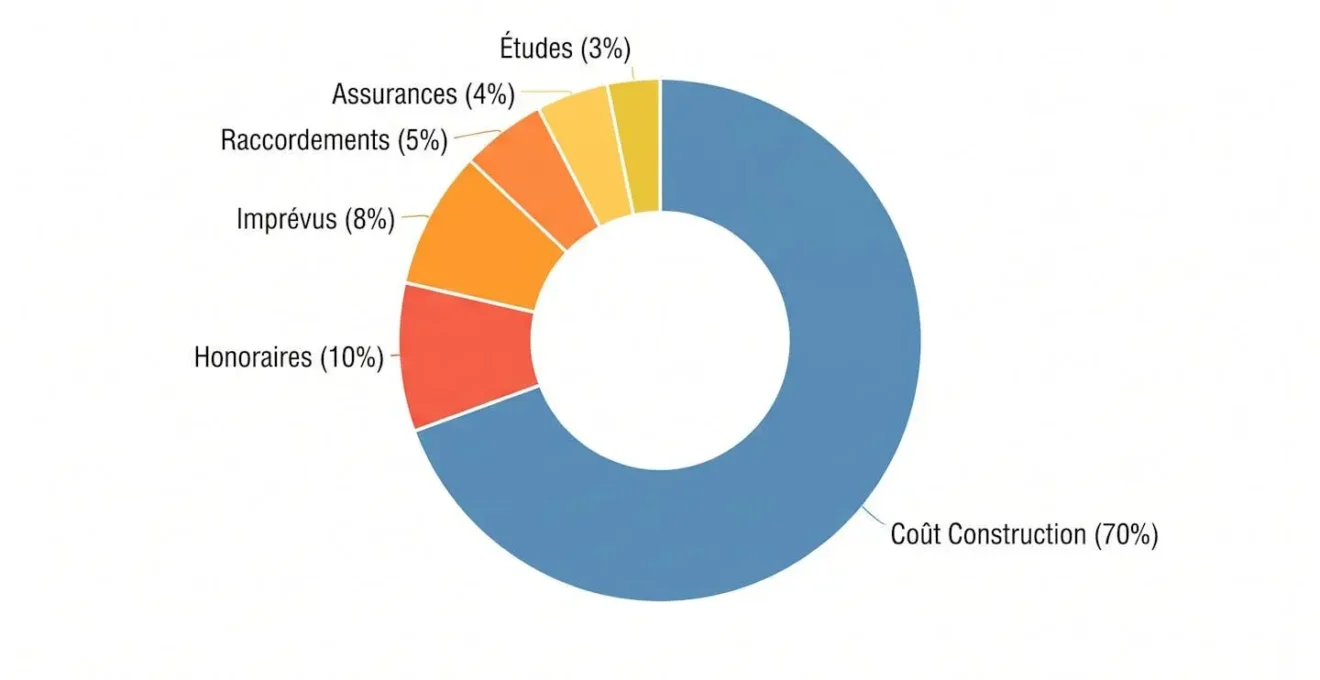 Infographie en diagramme circulaire décomposant budget extension 20 m² avec part principale coût construction et parts satellites pour postes cachés (raccordements, études, assurances, imprévus)