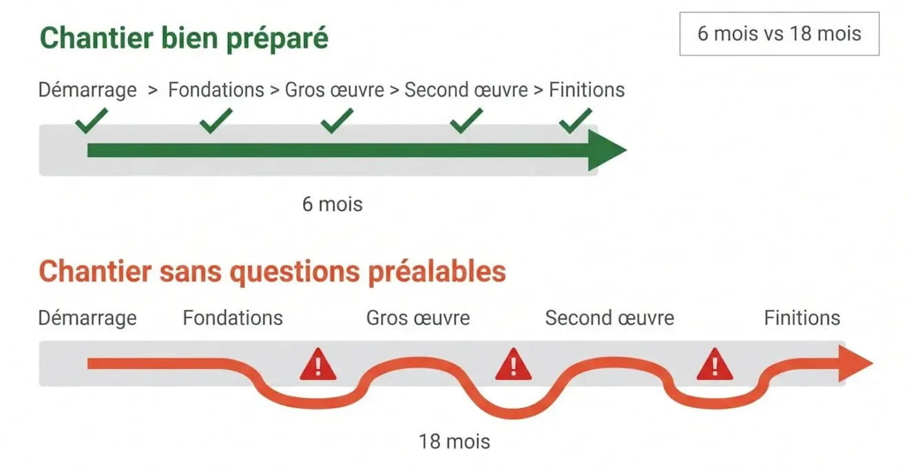 Infographie comparative de deux timelines de chantier : chantier préparé terminé en 6 mois avec jalons réguliers verts, versus chantier improvisé s'étalant sur 18 mois avec retards symbolisés en rouge