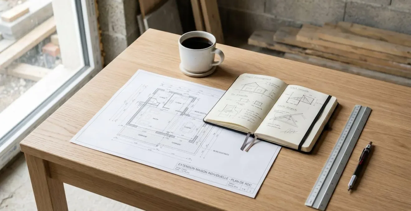 Vue de dessus d'une table en bois clair avec plan architectural, règle, carnet de croquis, tasse de café et plante verte disposés de manière ordonnée